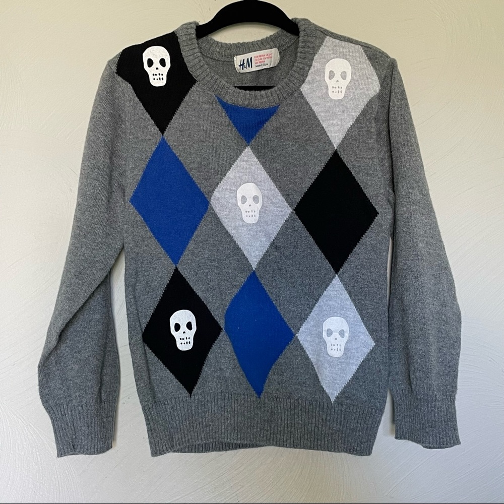 H&M Punk Goth Skull Print Blue Gray Argyle Sweater